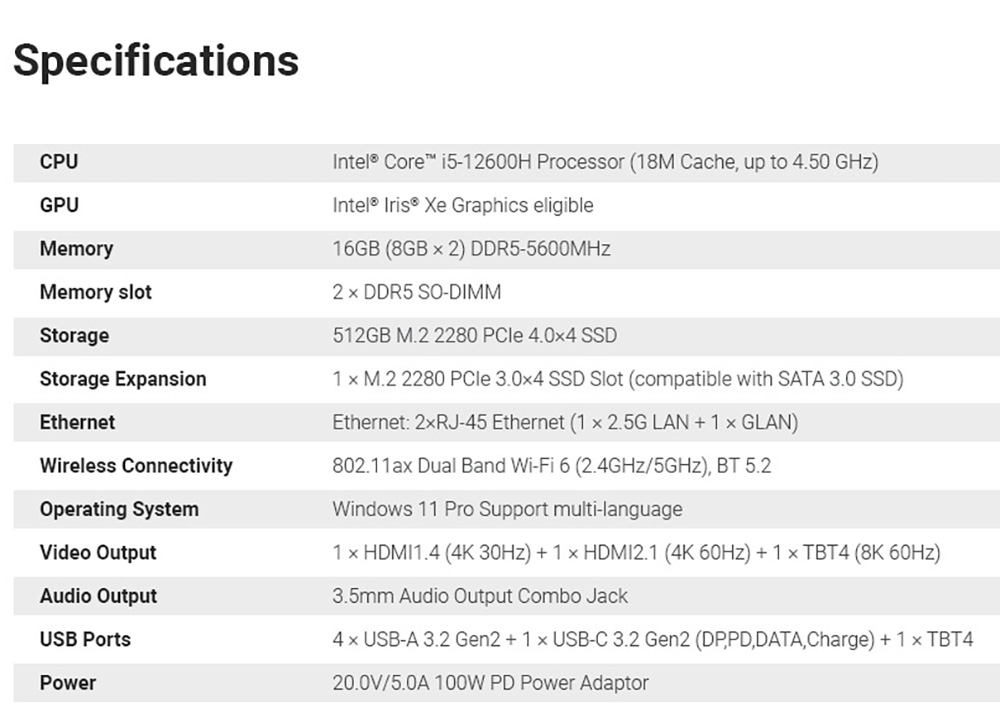 MINIX N512 Mini PC, Intel Core i5-12600H 12 jadier max. 4,5 GHz, 16 GB DDR5 RAM 512 GB SSD, 2*HDMI 1.4 (4K@30Hz) + Thunderbolt Type-C (8K@60Hz) Trojitý displej, WiFi 6 Bluetooth 5.2, 4*USB 3.2, 1*Plnohodnotný Type-C, 1*1G RJ45, 1*2.5G RJ45, 1*Audio Jack